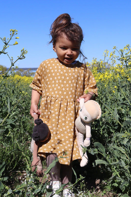 Organic Oversized Summer Dress - Brown With White Flowers 