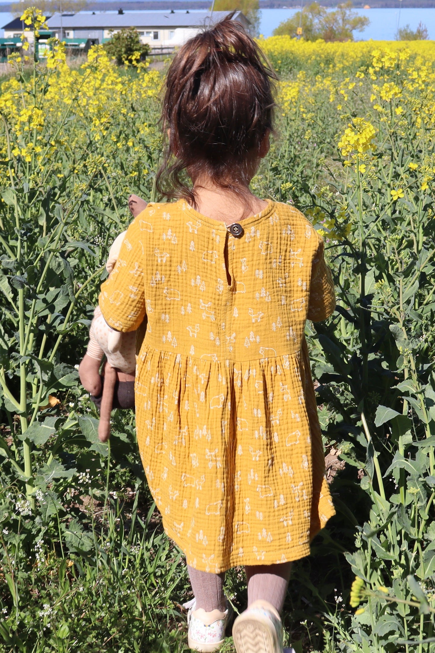 Organic Oversized Summer Dress - Mustard With Animals